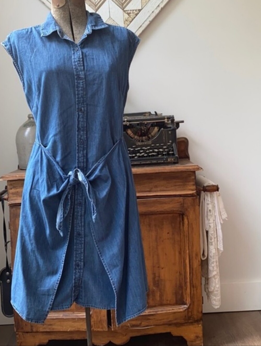 Sleeveless Blue Denim Shirt Dress with Tie Waist